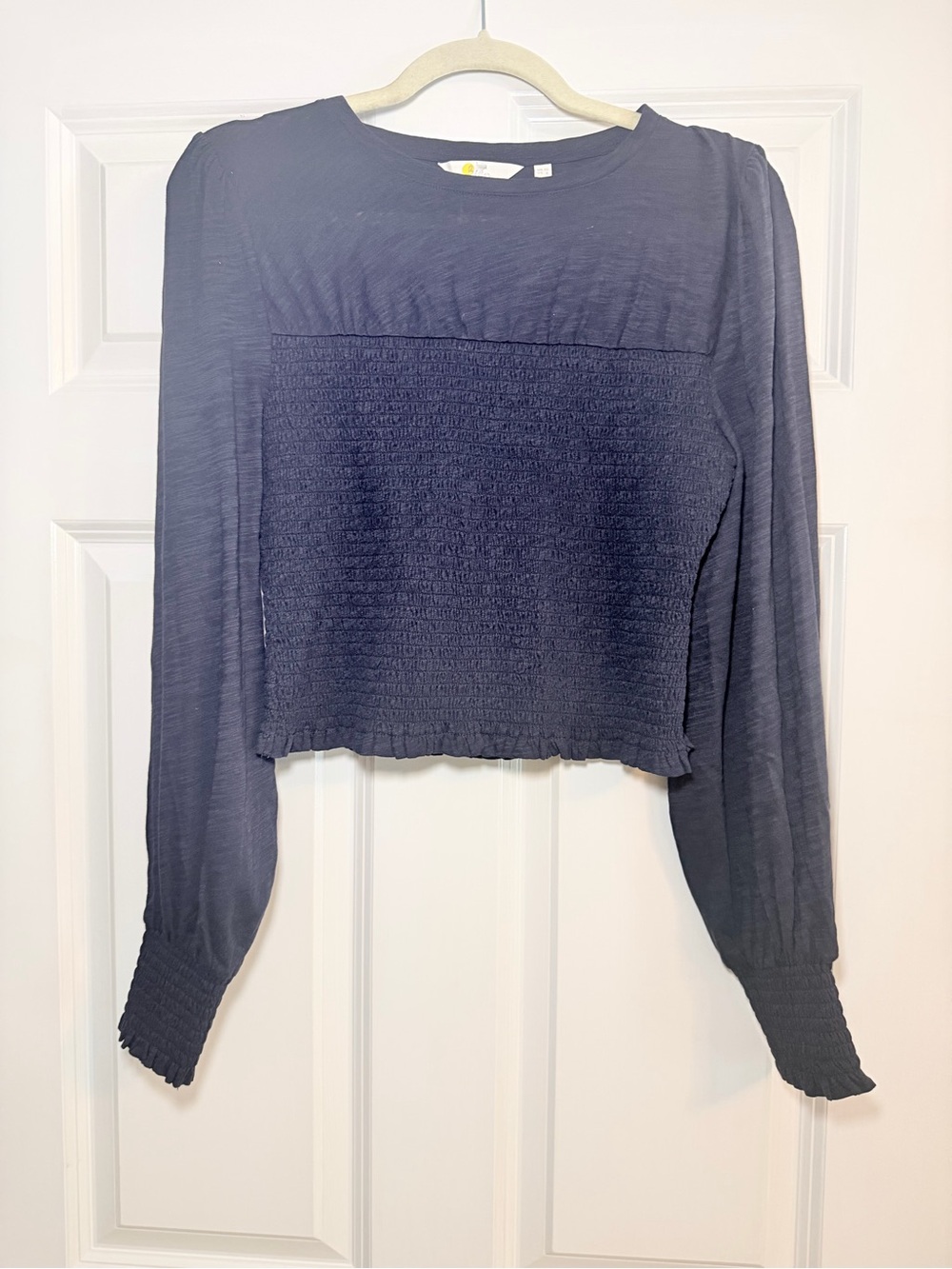 Boden Women's Navy Long-Sleeve Smocked Crop Top
